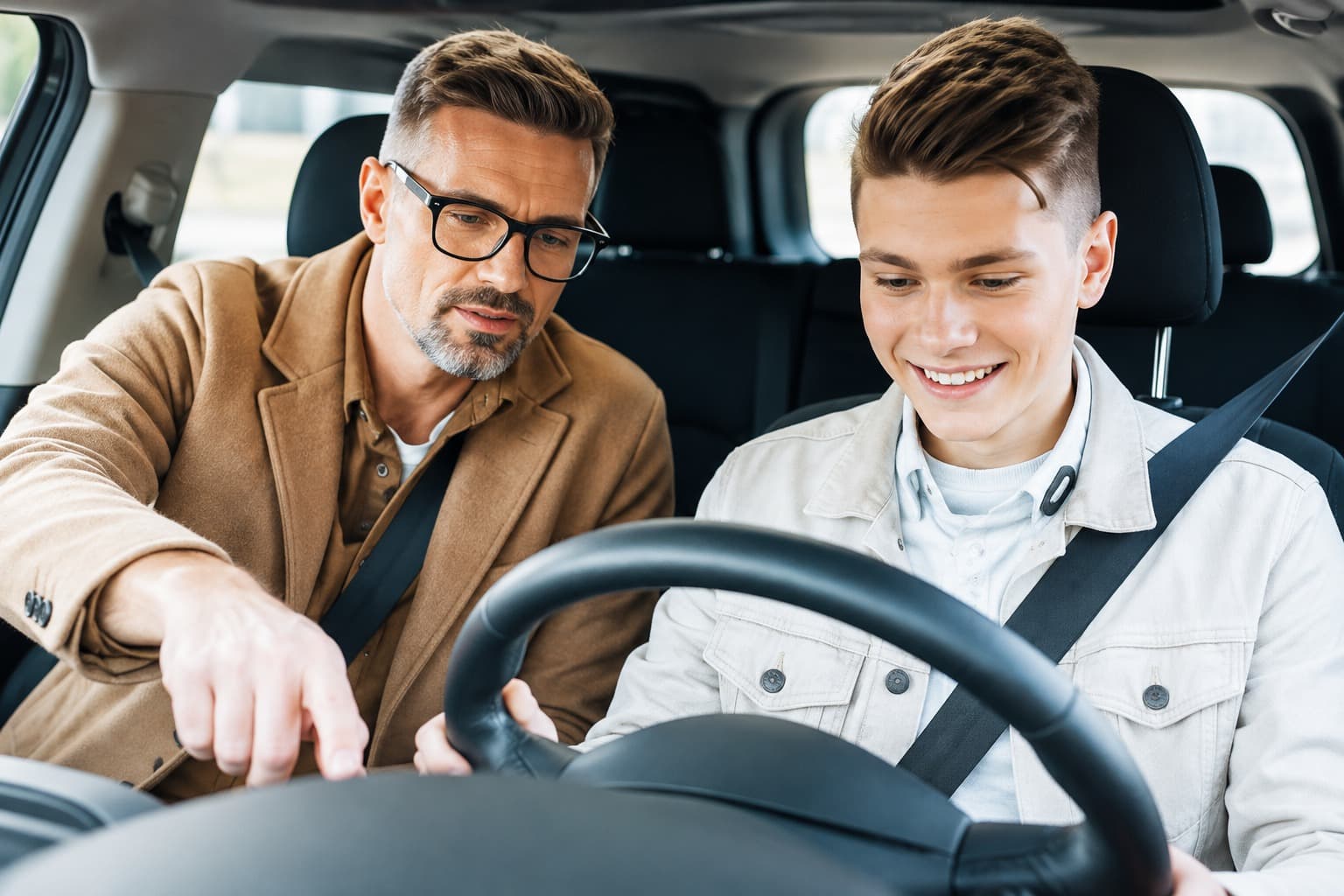 A teen student at the wheel with an instructor beside them holding a clipboard